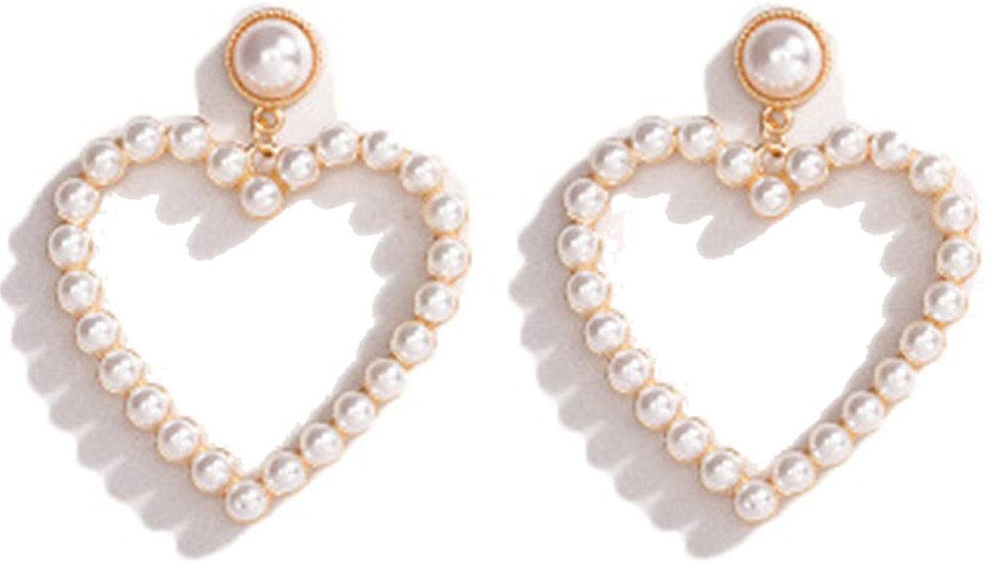 Pearl Heart Hoop Dangle Earrings Imitation Pearl Love Heart Earrings Circle Beaded Loop Drop Earr... | Amazon (US)