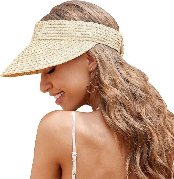 Visors for Women, Sun Hats for Women Sun Visors for Women, Beach Straw Visors Hats Made of Natura... | Amazon (US)