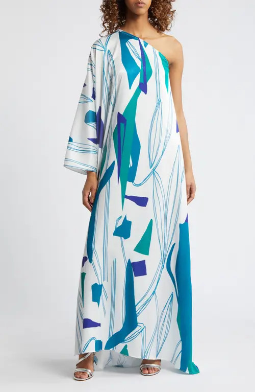 DIARRABLU Satu Printed One-Shoulder Long Sleeve Maxi Dress in Blue at Nordstrom, Size X-Small | Nordstrom