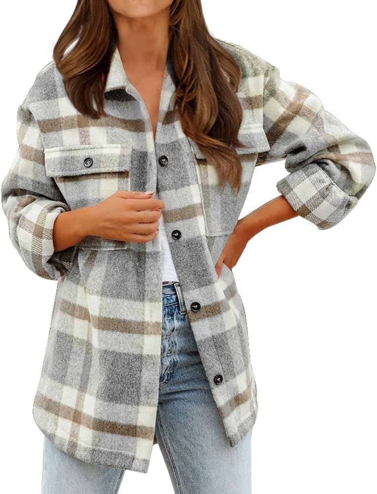 BTFBM Women's Long Sleeve Button Down Jackets Plaid Flannel Shirts Tops Casual Lapel V Neck Oversize | Amazon (US)