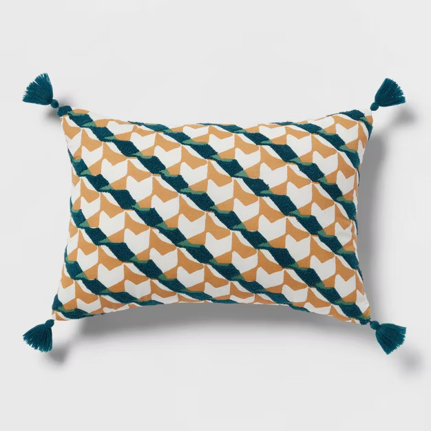 Oblong Geo Printed Embroidered Decorative Throw Pillow Dark Gold/Dark Teal Blue - Threshold™ | Target