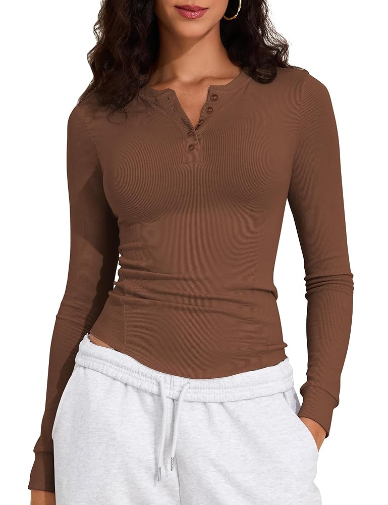 PrettyGuide Women's Long Sleeve Henley Shirt Fitted Ribbed Knit Stretchy Casual T Shirts Layering... | Amazon (US)