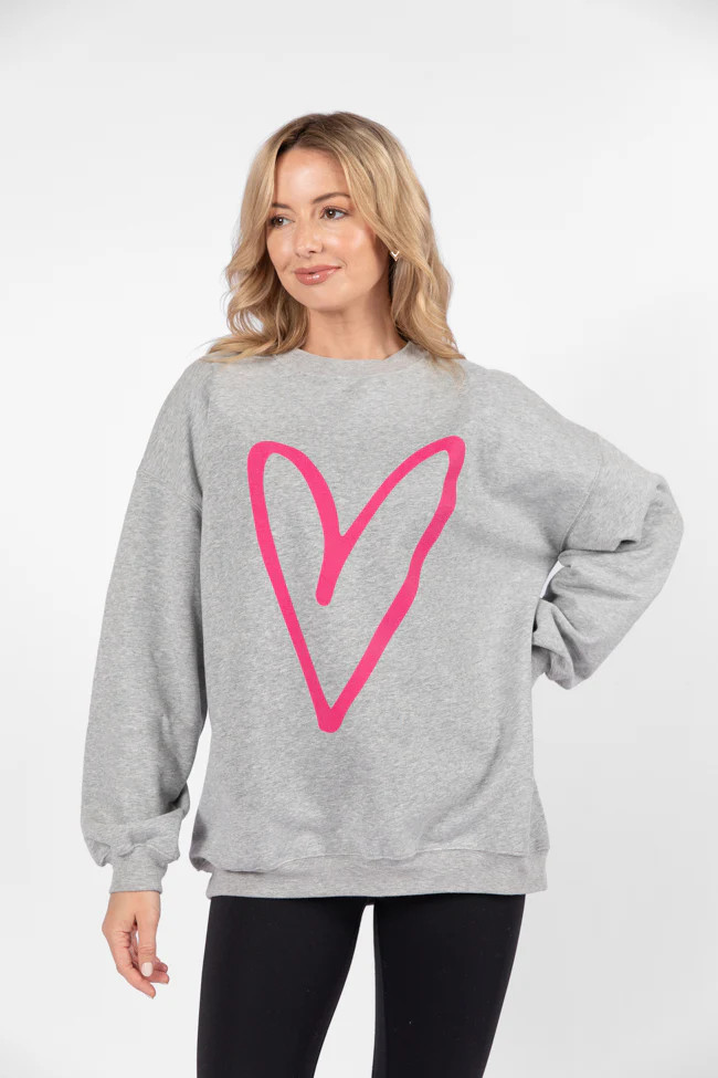 Heart Sketch Light Grey Oversized Graphic Sweatshirt | Pink Lily