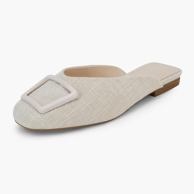 Women's Flat Linen Mules Ladies Square Buckle Decor Closed Square Toe Backless Slip on Slides Loa... | Amazon (US)