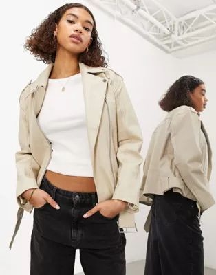 ASOS EDITION real leather oversized biker jacket in stone | ASOS (Global)
