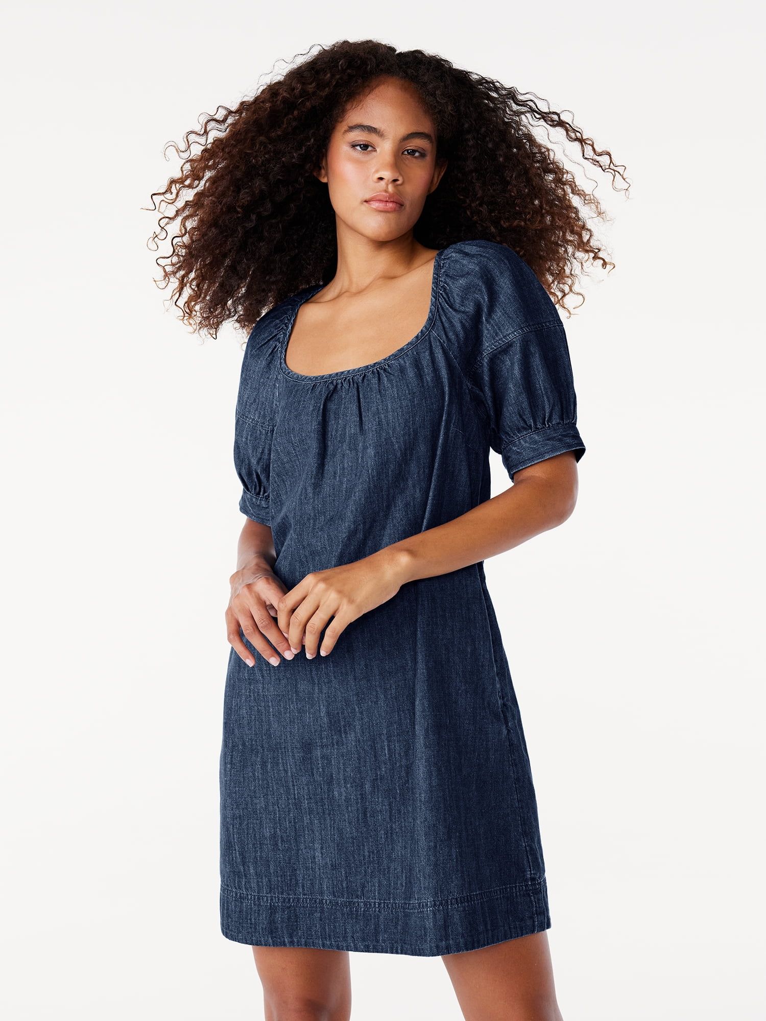 Free Assembly Women's Square Neck Denim Mini Dress with Puff Sleeves, Sizes XS-XXL | Walmart (US)