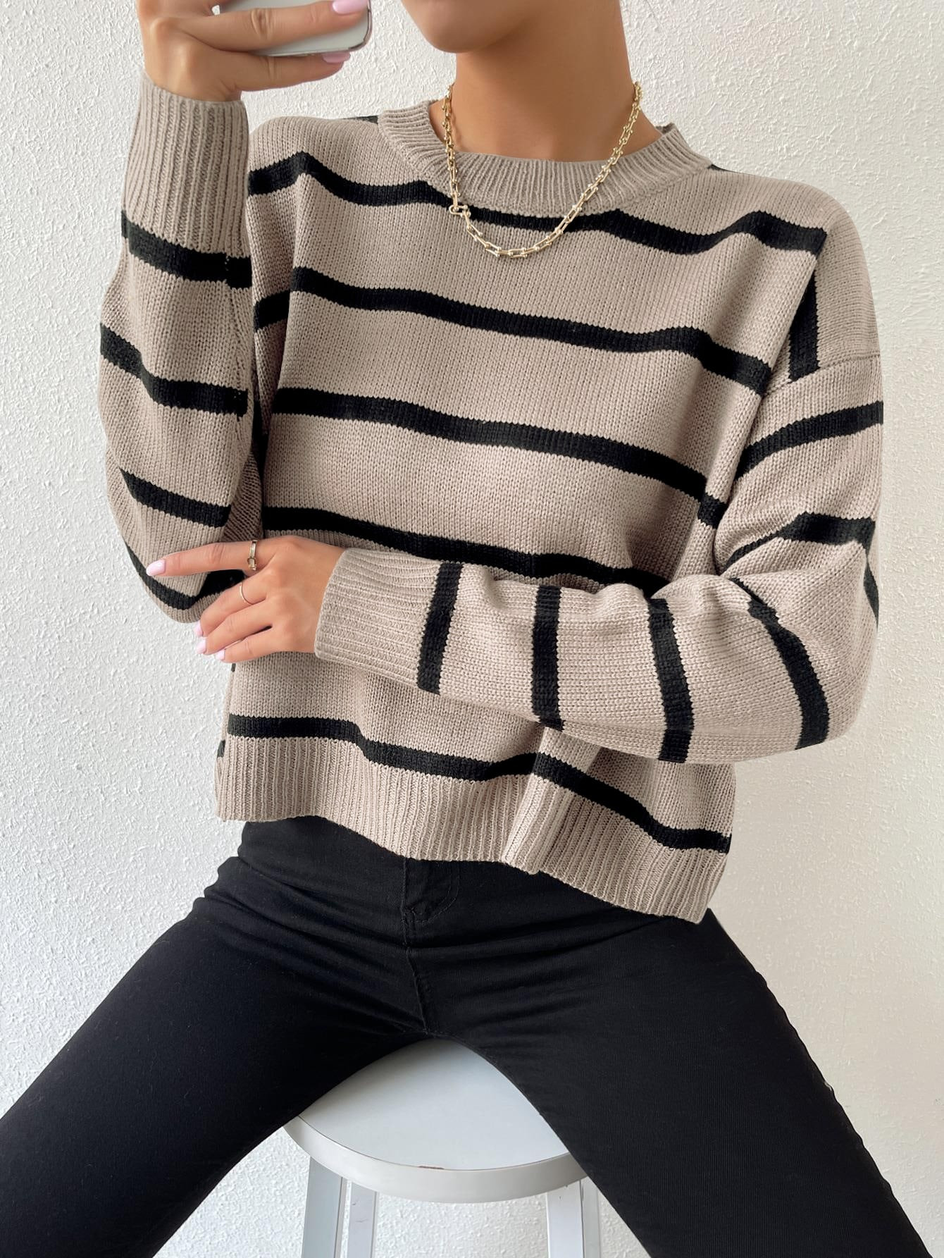 SHEIN Essnce Striped Drop Shoulder Sweater | SHEIN