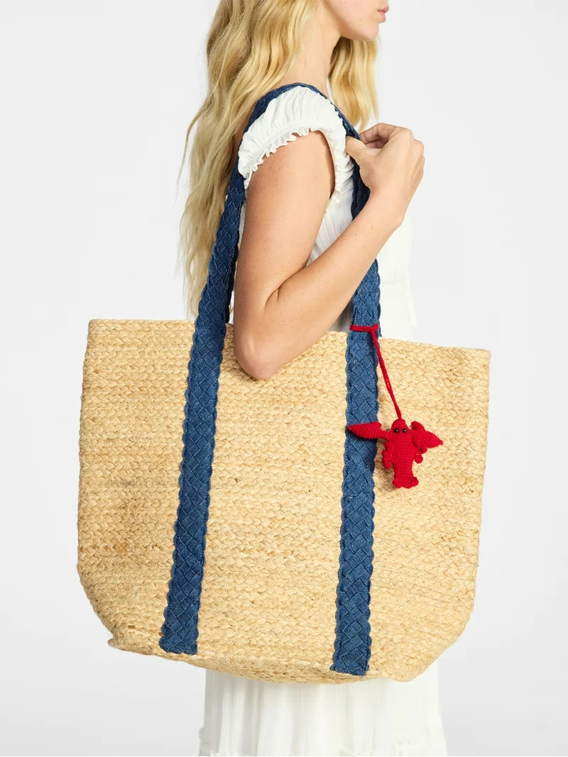 No Boundaries Women's Beach Icons Jute Tote Bag, Natural with Blue Denim | Walmart (US)