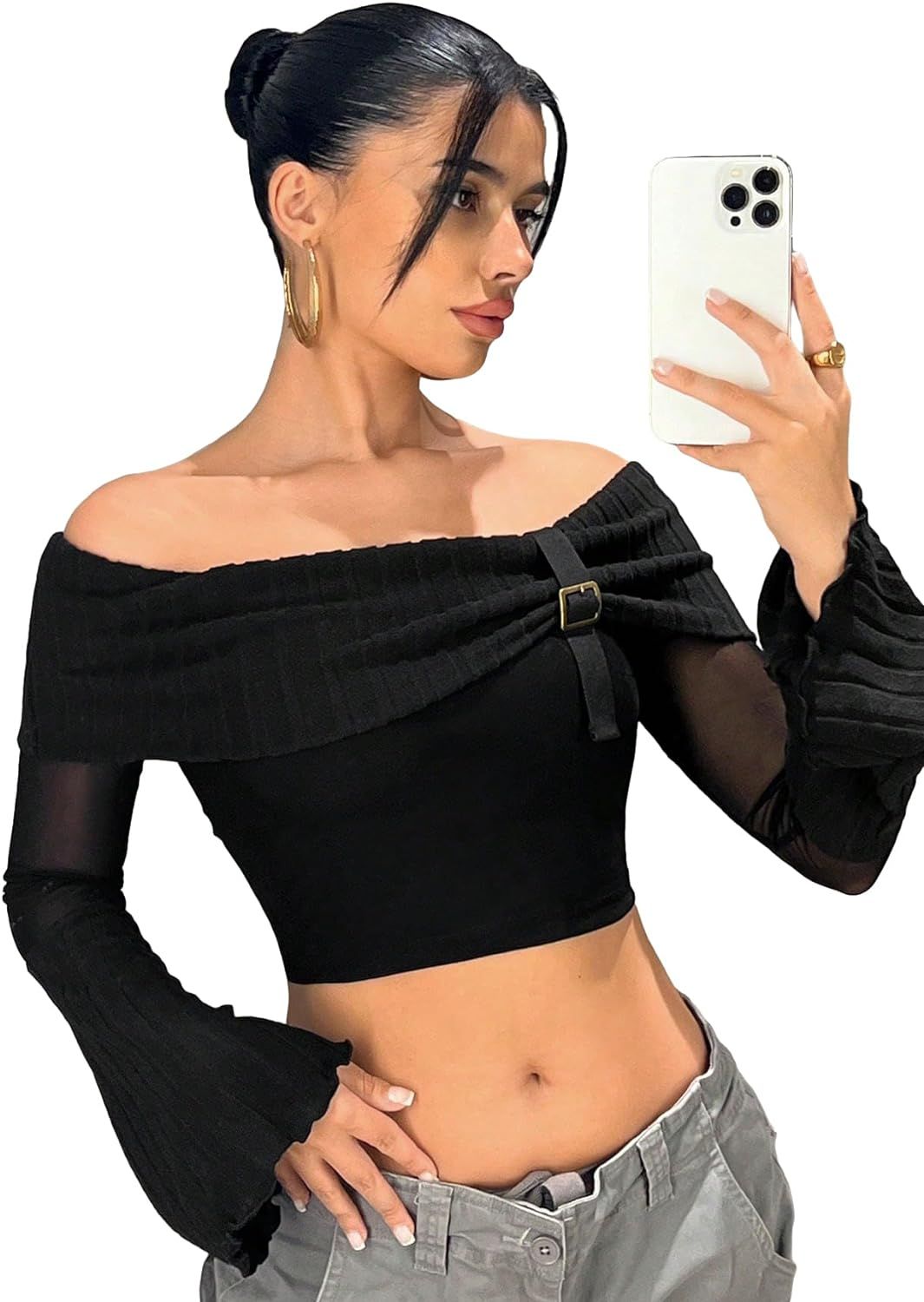 Verdusa Women's Contrast Mesh Off Shoulder Bell Long Sleeve Crop Tee Top T Shirt | Amazon (US)