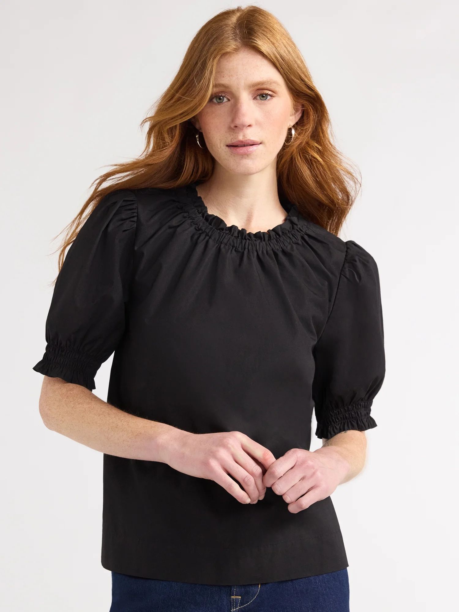 Free Assembly Women's Cotton Ruffle Top with Puff Sleeves, Black, Sizes XS-XXL | Walmart (US)