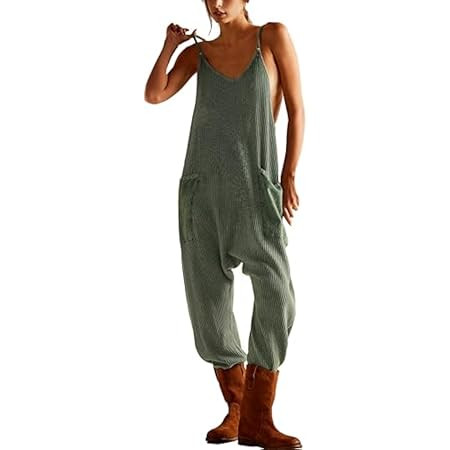 Nirovien Womens Waffle Knit Jumpsuits One Piece Romper Sleeveless Onesie with Pockets Spaghetti Stra | Amazon (US)
