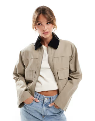 ASOS DESIGN cropped pocket canvas jacket in stone | ASOS (Global)