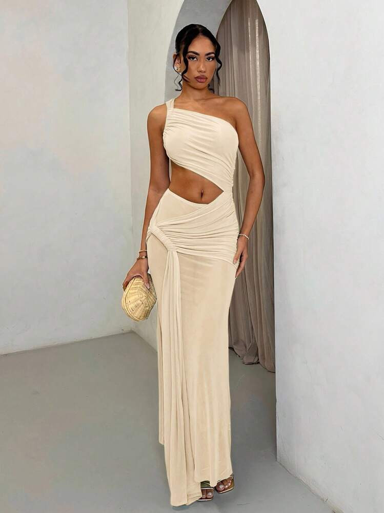 SHEIN BAE Women's Summer Green Vacation Asymmetric Shoulder Fitted Sexy Hollow Sheer Mesh Dress | SHEIN