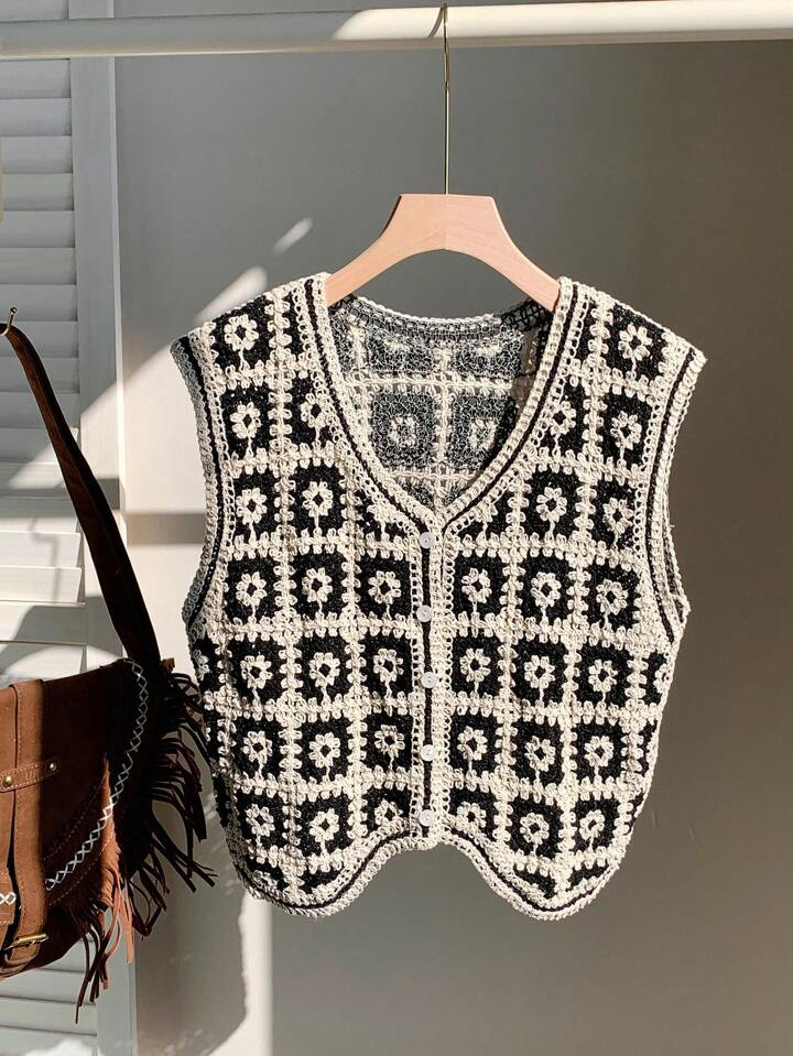 Comfortcana Women's Floral Print Single-Breasted Loose Knit Vest, Autumn/Winter | SHEIN