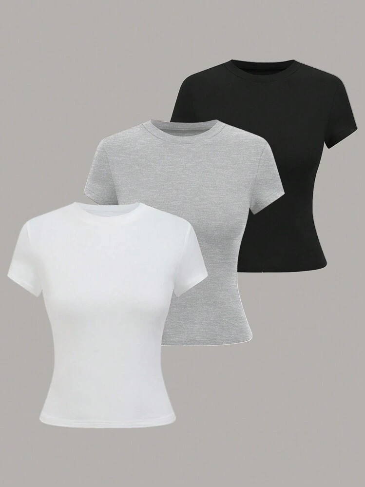 SHEIN LUNE Women's Solid Color Minimalist Regular Crew Neck Short Sleeve T-Shirt | SHEIN