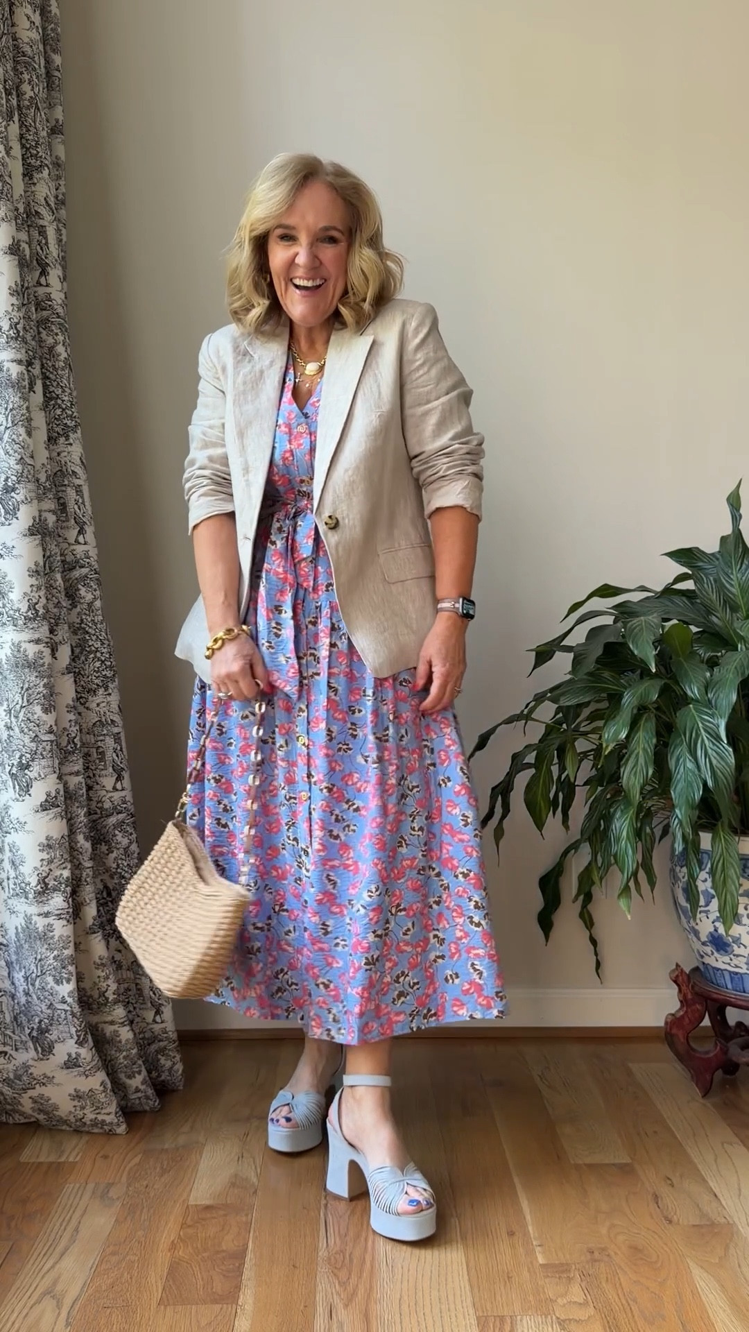 Dress size medium reg also comes in petite 
Linen blazer size medium 
Sandals tts and they’re fabulous 

Wedding guest graduation shower dress Sunday dress

#LTKSaleAlert #LTKOver40 #LTKWorkwear