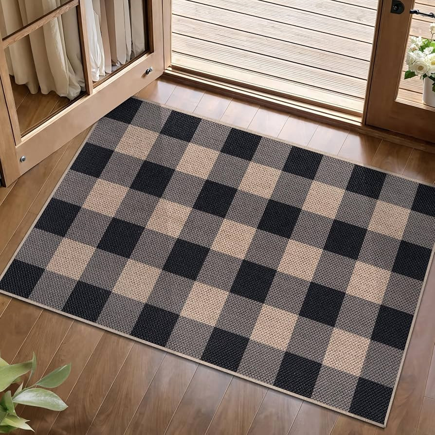 Tangsoo Checkered Easy Jute Rug, 2x3 Washable Ultra Thin Rug for Entryway Non-Slip Black Grey Out... | Amazon (US)