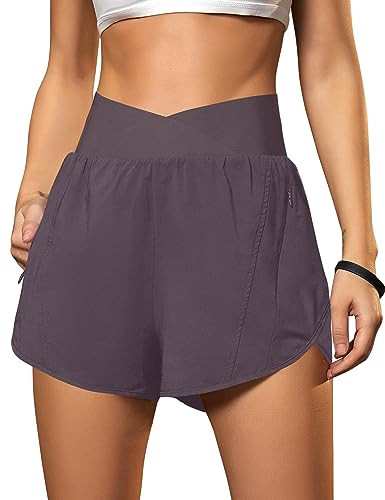 Blooming Jelly Women's Workout Shorts Athletic Running Crossover High Waisted Gym Sport Yoga Shorts with Zipper Pockets (Coffee,Small) | Amazon (US)