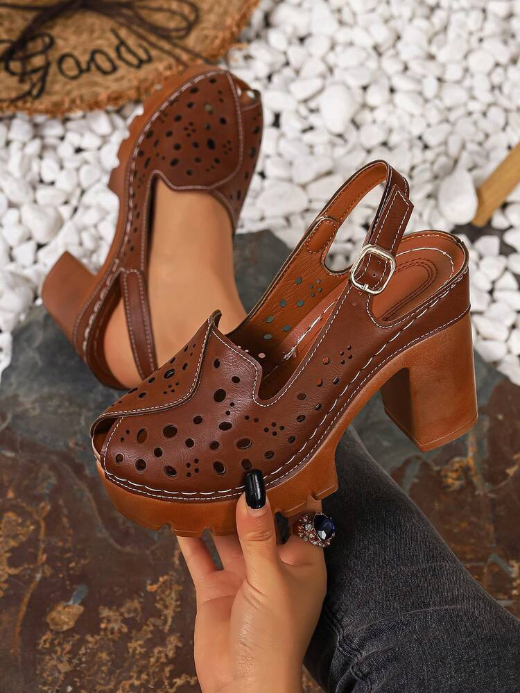 Plus Size Women's New Hollow-Out High Heel Chunky Heel Sandals, Fashionable Strap Backless High Heel Sandals | SHEIN