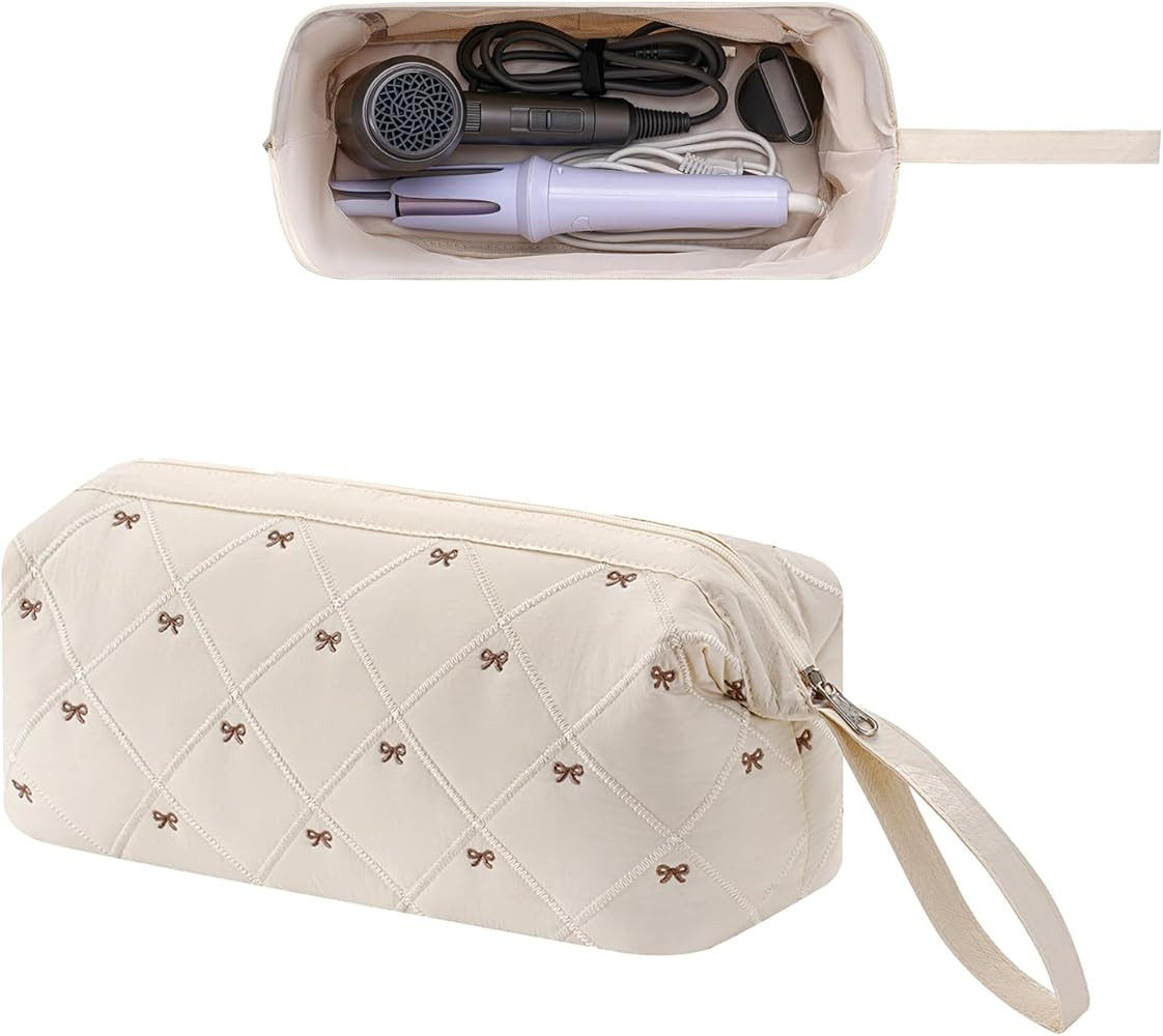 Large Quilted Hair Tools Travel Bag with Bow Pattern,Waterproof Hair Styling Accessories Storage ... | Amazon (US)