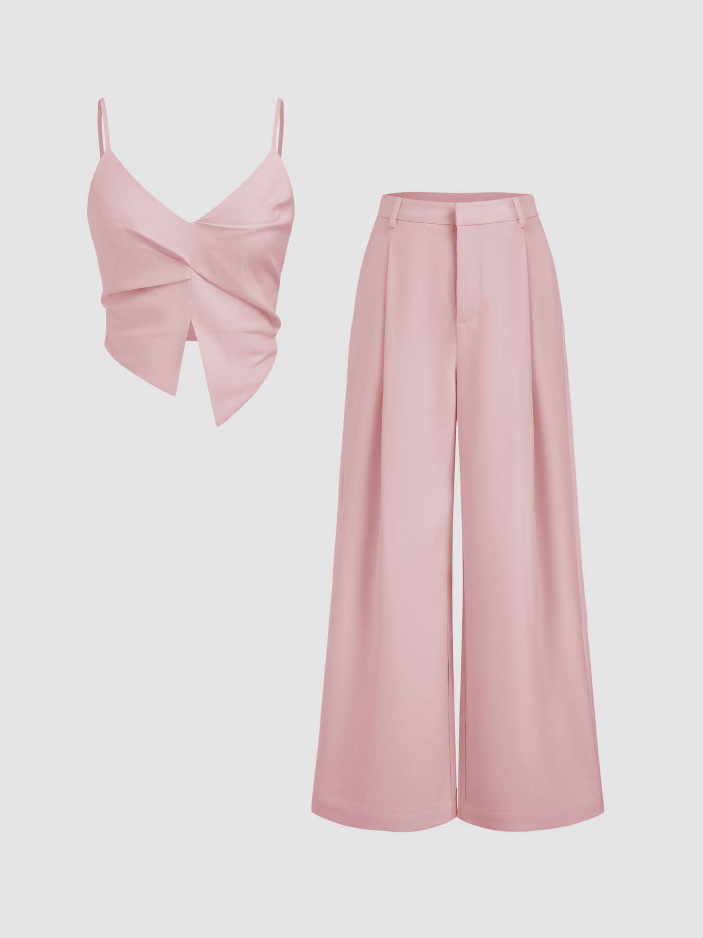 Woven V-neck Twist Split Crop Cami Top & Mid Rise Wide Leg Trousers For Date | Cider