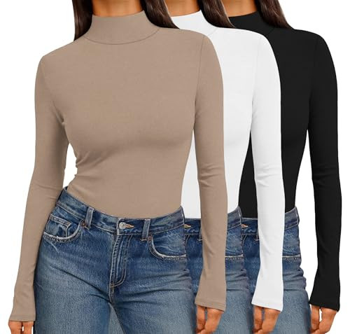 Ekouaer Women's Long Sleeve Mock Turtleneck Tops 3 Pack Casual Slim Fitted Lightweight Under Layer Thermal Shirts Casual Outfit Black/White/Khaki L | Amazon (US)