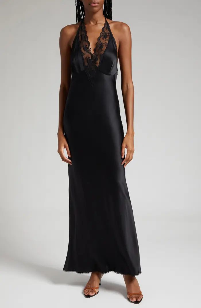 SIR Aries Lace Trim Halter Silk Gown | Nordstrom | Nordstrom