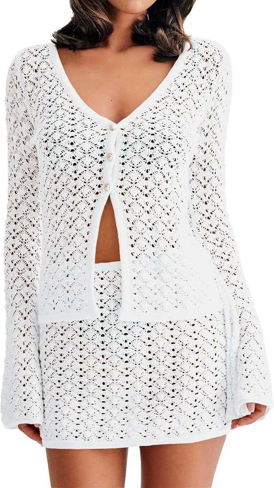 Fisoew Womens Crochet 2 Piece Cover Up V Neck Bell Sleeve Button Cardigan Sheer Mesh Beach Mini S... | Amazon (US)