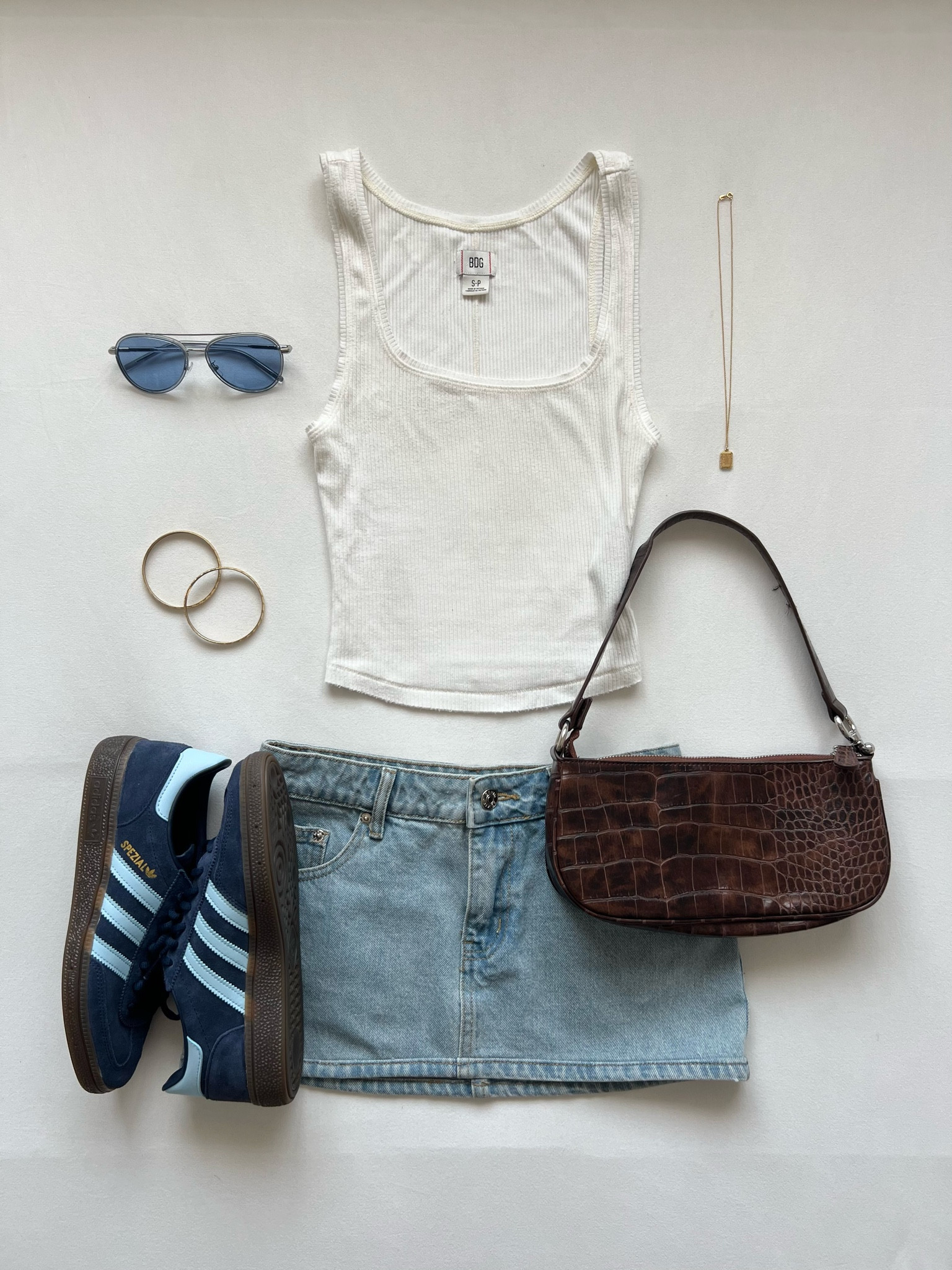 adidas spezial + denim mini skirt outfit