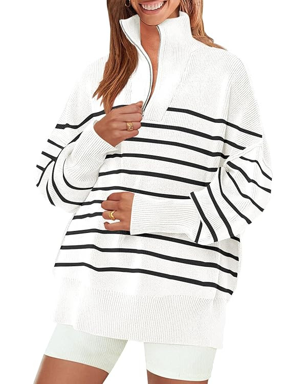 ZESICA Women's Striped 1/4 Zipper Sweater 2023 Long Sleeve Ribbed Knit Loose Oversized Chunky Pul... | Amazon (US)