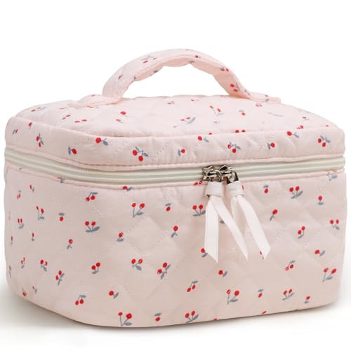 Prite Large Cosmetic Bags for Women Cute Makeup Bag Floral Coquette Aesthetic Toiletry Bag Travel Make Up Organizer Bag (Cherry) | Amazon (US)