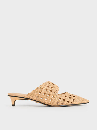 Raffia Kitten-Heel Pointed-Toe Mules
 - Sand | Charles & Keith US