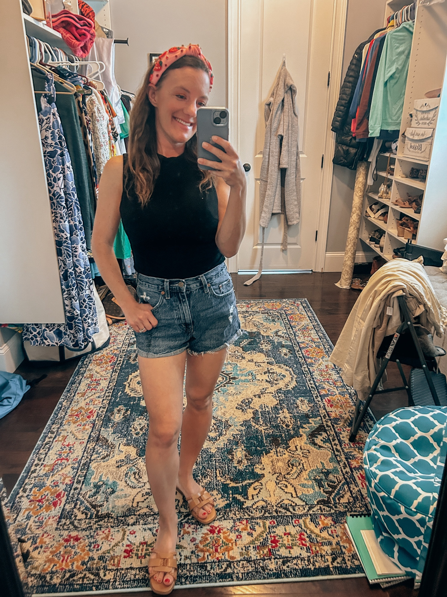 Strawberry picking outfit for mom 
Black tank with high neck 
Dark jean shorts 
Tan sandals 
Thematic strawberry headband 

#LTKstyletip #LTKSeasonal #LTKfamily