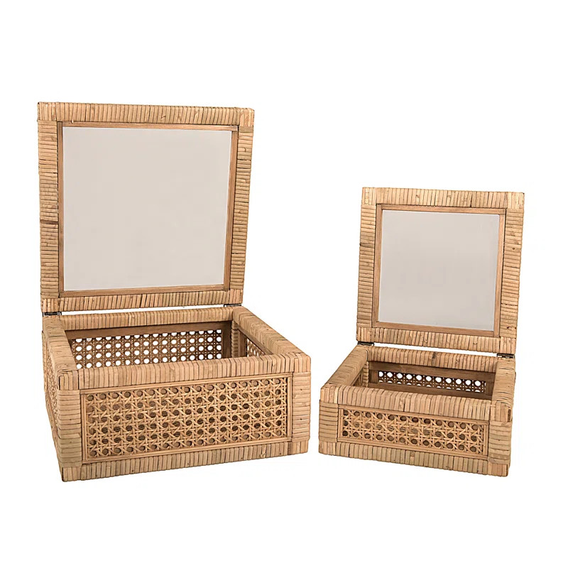Cane And Rattan Display Boxes With Glass Lid, Set Of 2 | Wayfair Professional