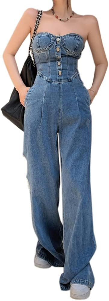 Women's Vintage High Rise Straight Denim Jumpsuit Sexy Strapless Backless Jeans Rompers | Amazon (US)