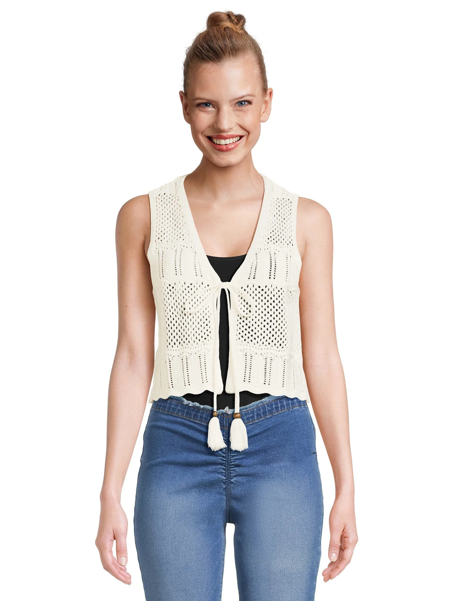 No Boundaries Juniors' Tie-Front Crochet Vest, Sizes XS-XXXL | Walmart (US)