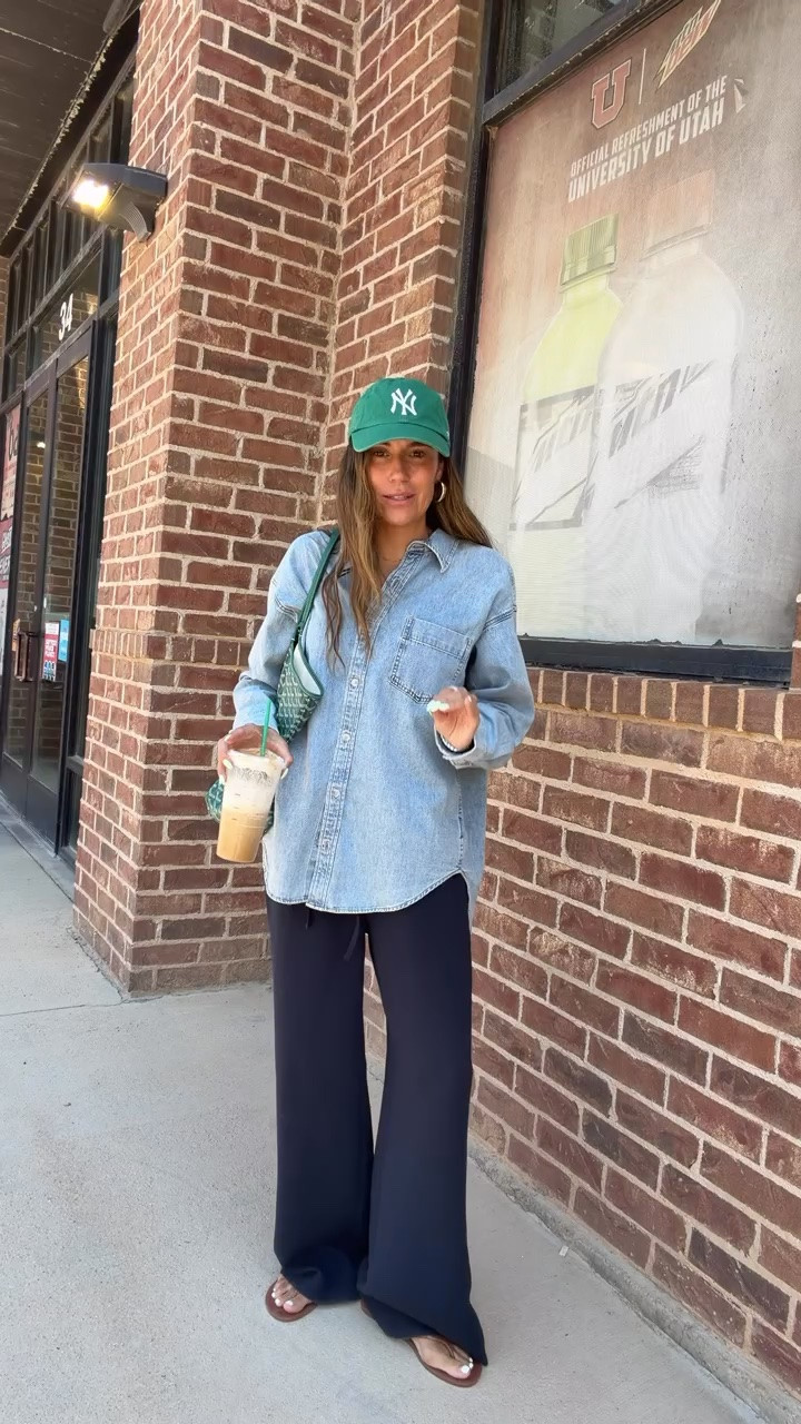 1000/10 recommend these wrinkle free wide leg pants! Obsessed with this denim top too! Both from @Aritzia 
Green goyard bag from @Vivrelle

#LTKgrwm #LTKTravel #LTKOver40