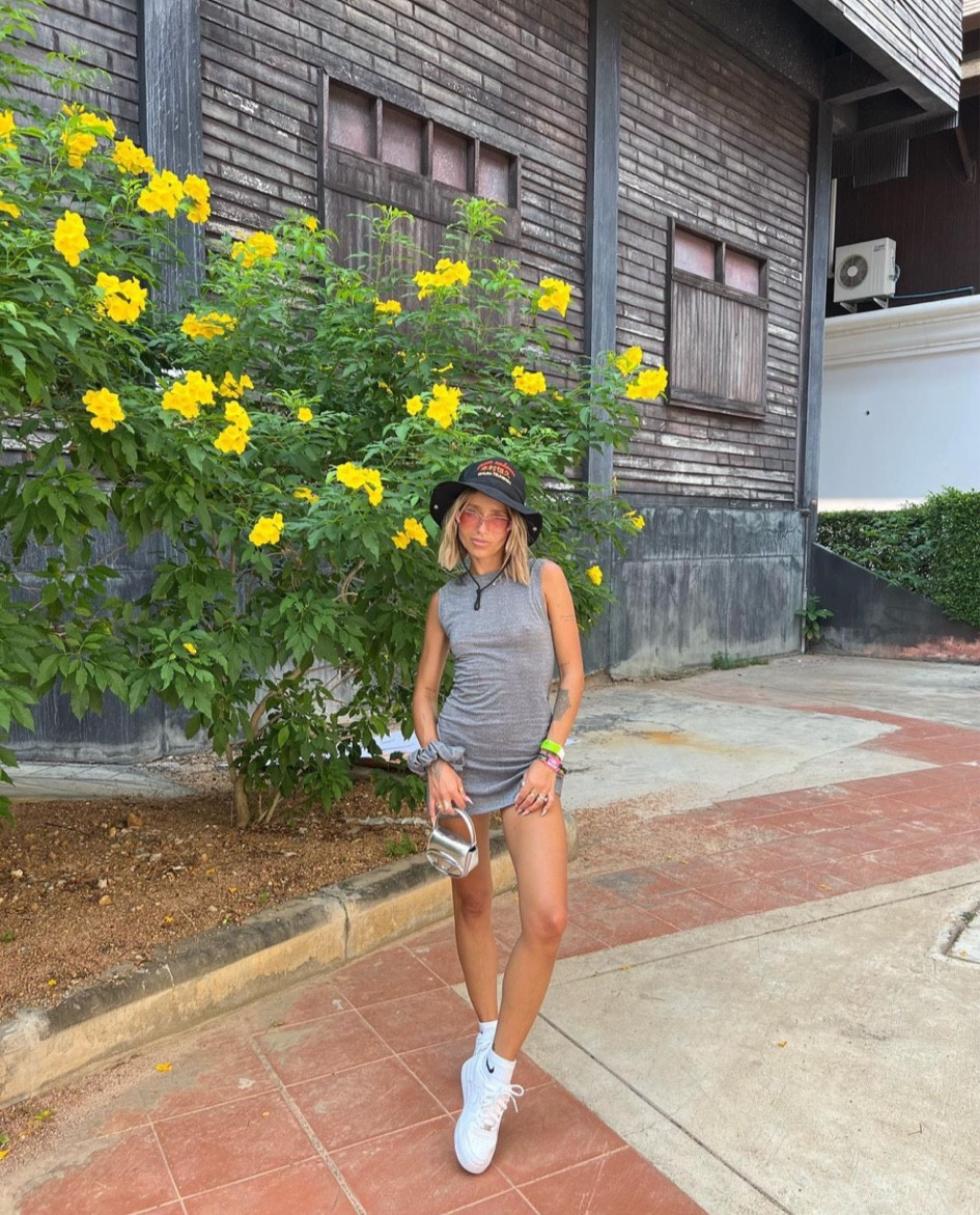 Tenue de vacances, Paco Rabanne hat, grey dress, Diesel chrome bag, Nike sneakers 

#LTKitbag #LTKSeasonal #LTKeurope