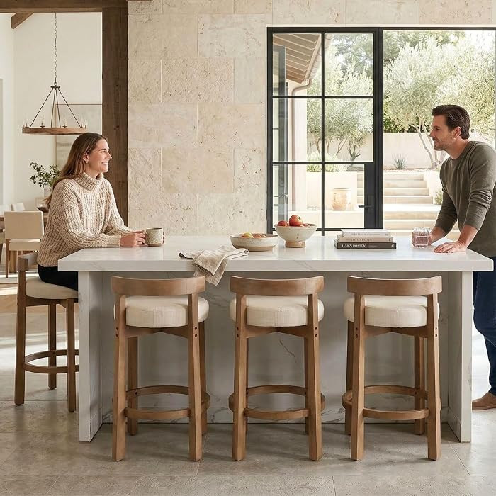 Mid Century Linen Counter Stools Set of 4, Upholstered 26.5\u201d Seat Height Low Barstools with ... | Amazon (US)