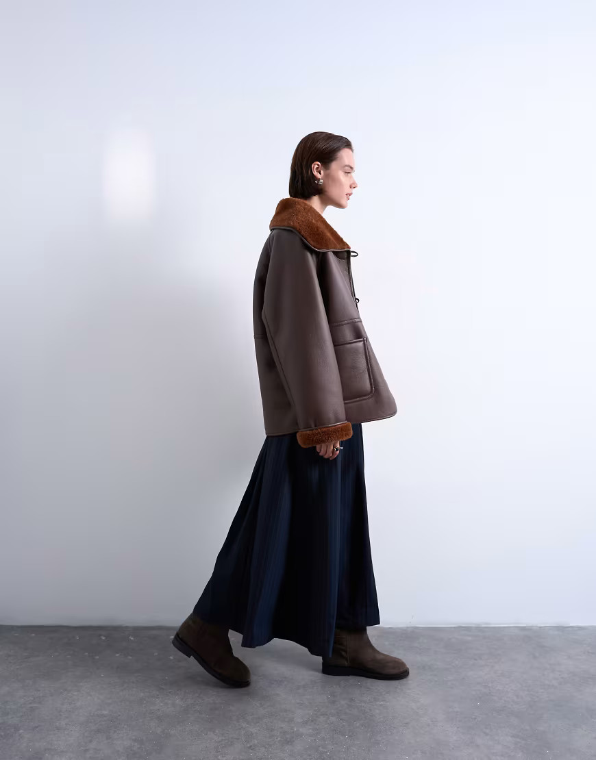Topshop shearling oversized reversible coat with button loop in chocolate-Brown | ASOS (Global)