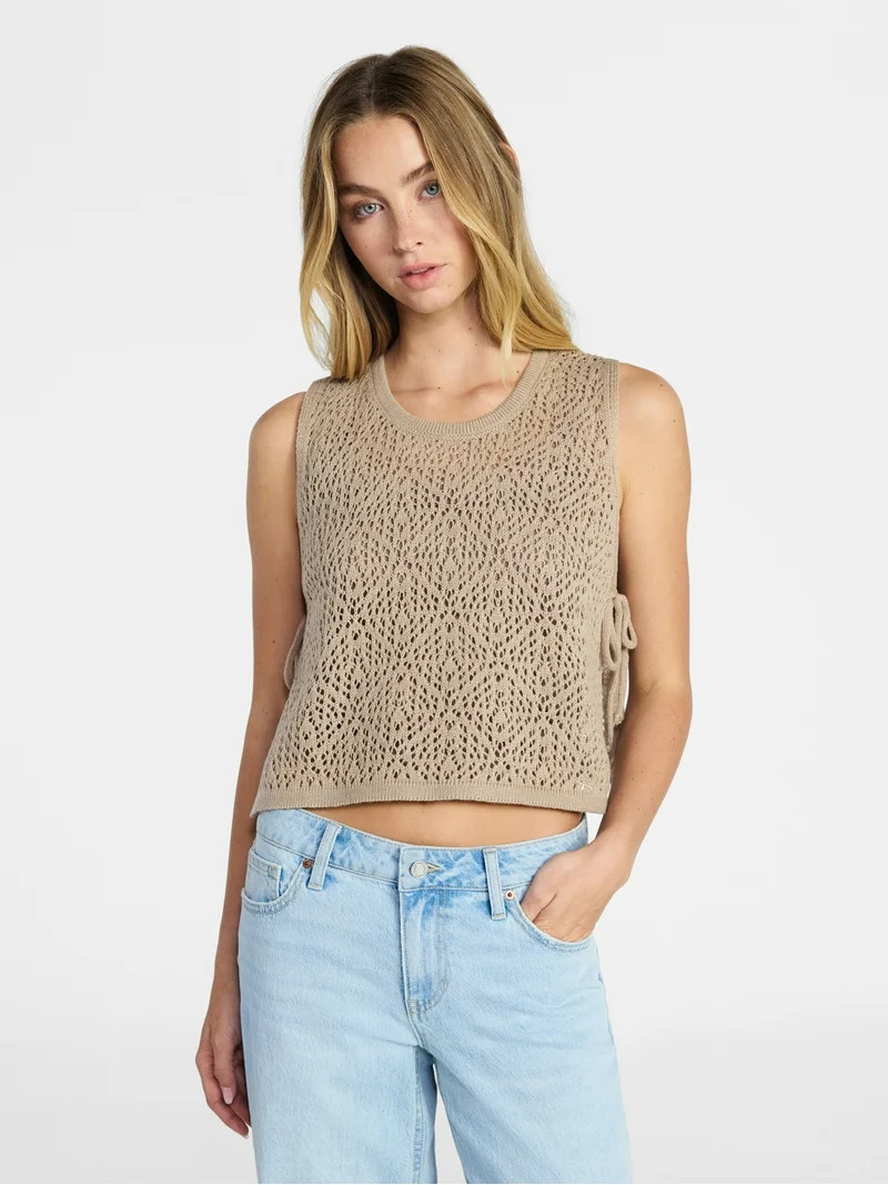 No Boundaries Cropped Crochet Knit Poncho with Side Ties, Women's | Walmart (US)