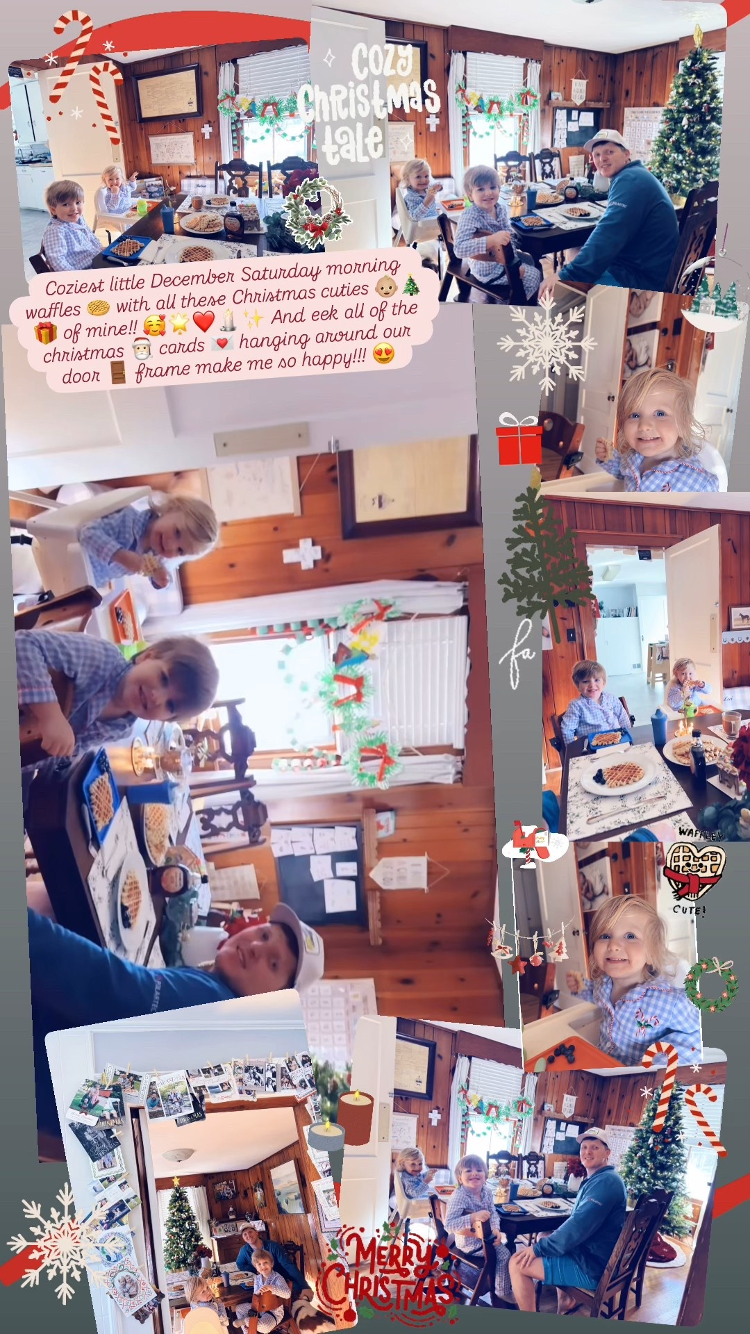 Coziest little December Saturday morning waffles 🧇 with all these Christmas cuties 👶🏼🎄🎁 of mine!! 🥰🌟❤️🕯️✨ And eek all of the christmas 🎅🏻 cards 💌 hanging around our door 🚪 frame make me so happy!!! 😍