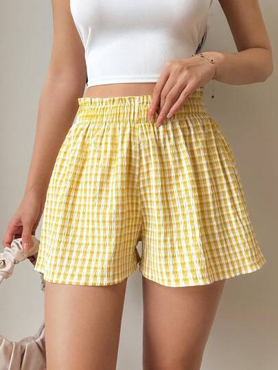 Sunnyshic Yellow Plaid Casual Waist Ruffle Hem Beach Shorts, Versatile For Spring/Summer Vacation | SHEIN