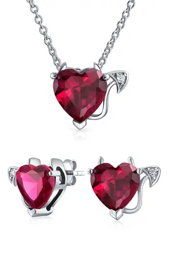 BLING JEWELRY Sterling Silver Red CZ Devil Heart Pendant Necklace & Stud Earrings Set at Nordstrom Rack | Nordstrom Rack