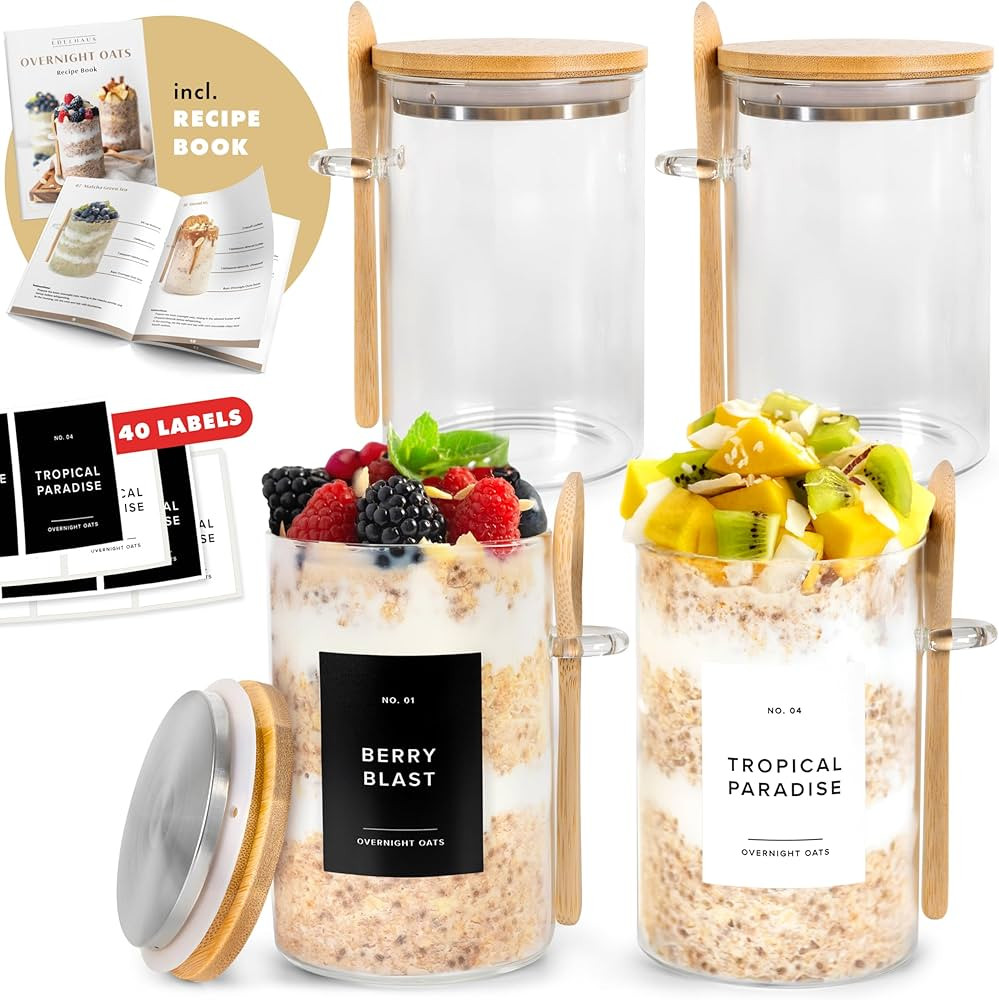 Overnight Oats Containers with Lids, Labels & Spoons (16oz x 4) Glass Jars for Oatmeal, Meal Prep... | Amazon (US)