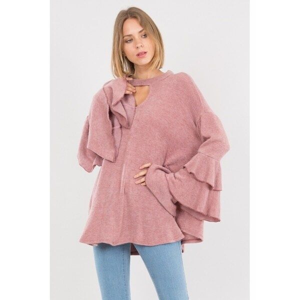 JED Women's Loose Fit Keyhole Neck Ruffled Sweater Fabric Top | Bed Bath & Beyond
