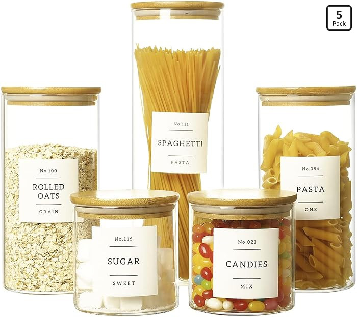 5 Pcs Glass Food Storage Containers With 132 Pantry Labels Preprinted - Thicken(3mm) Glass Jars w... | Amazon (US)