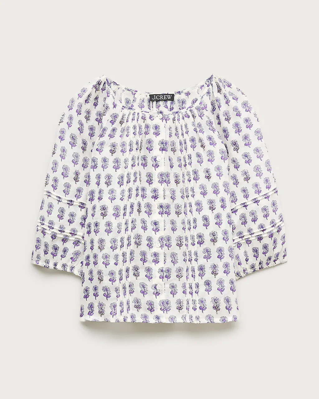 Puff-sleeve top in embellished lilac block-print ramie | J. Crew US