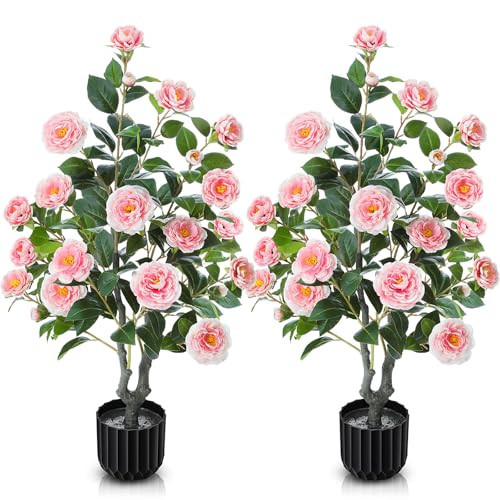 Giegxin 2 Pack 3.2 Ft Artificial Camellia Outdoor Trees Fake Faux Floral Flower Blooming Potted Plant in Cement Pot Realistic Faux Camellia Plants for Porch Decor Indoor Outdoor Office Home, Pink | Amazon (US)