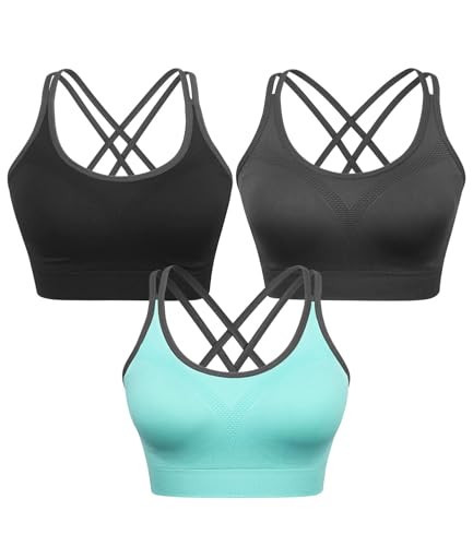 Strappy Women Sports Bra Criss-Cross Back Workout Yoga Bras Padded Seamless Tops for Running Yoga Gym Fitness A-3pack(Black+Gray+Blue) | Amazon (US)